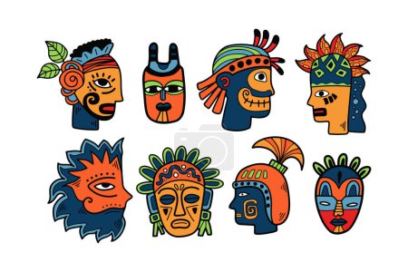 Téléchargez les illustrations : Masque tribal dessiné à la main dans un style plat isolé sur fond - en licence libre de droit