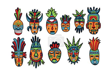 Ilustración de Máscara tribal dibujada a mano en estilo plano aislado sobre fondo - Imagen libre de derechos
