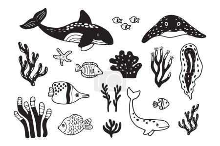 Téléchargez les illustrations : Ensemble de personnages d'animaux aquatiques dessinés à la main dans un style plat isolé sur fond - en licence libre de droit