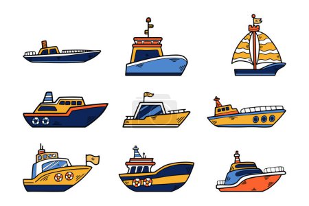 Téléchargez les illustrations : Bateau dessiné à la main ou bateau privé dans un style plat isolé sur fond - en licence libre de droit