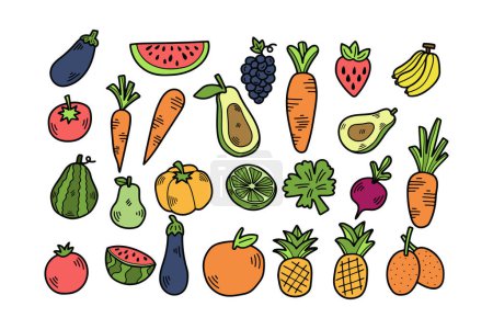 Téléchargez les illustrations : Légumes et fruits dessinés à la main dans un style plat isolé sur fond - en licence libre de droit