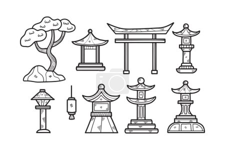 Ilustración de Pabellones o pagodas de estilo japonés y chino dibujados a mano en estilo plano aislados sobre fondo - Imagen libre de derechos