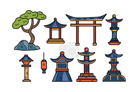 Illustration for Hand Drawn Japanese and Chinese style pavilions or pagodas in flat style isolated on background - Royalty Free Image