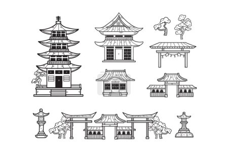 Téléchargez les illustrations : Pavillons ou pagodes de style japonais et chinois dessinés à la main dans un style plat isolé sur fond - en licence libre de droit
