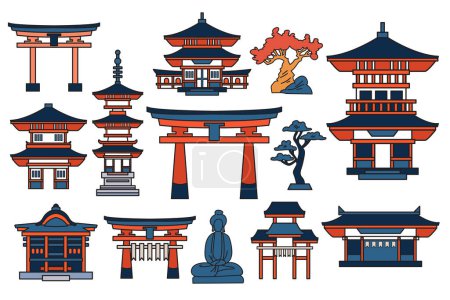 Illustration for Hand Drawn Japanese and Chinese style pavilions or pagodas in flat style isolated on background - Royalty Free Image