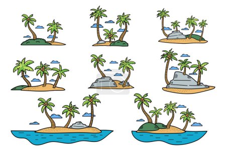 Téléchargez les illustrations : Cocotier dessiné à la main au milieu de la mer dans un style plat isolé sur fond - en licence libre de droit