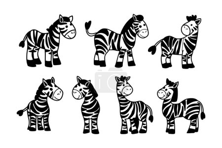 Illustration for A series of black and white zebra drawings. The zebra drawings are all facing the same direction and are all standing upright - Royalty Free Image