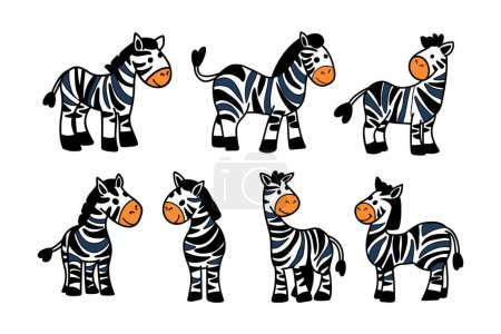 Illustration for A series of black and white zebra drawings. The zebra drawings are all facing the same direction and are all standing upright - Royalty Free Image