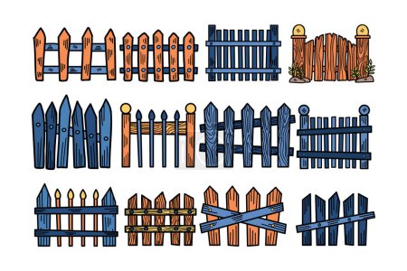 Illustration for A set of wooden fences with a variety of designs and sizes. Scene is rustic and nostalgic, evoking a sense of simplicity and charm - Royalty Free Image