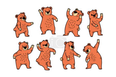 Illustration for A series of cartoon bears are dancing and playing. The bears are all different sizes and are in various poses. Scene is lighthearted and fun, as the bears are depicted as being playful and energetic - Royalty Free Image