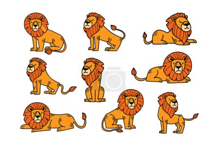 Ilustración de Una serie de leones de dibujos animados en varias poses. Los leones son todos de color naranja y están sentados, de pie y acostados. La escena es juguetona y alegre - Imagen libre de derechos