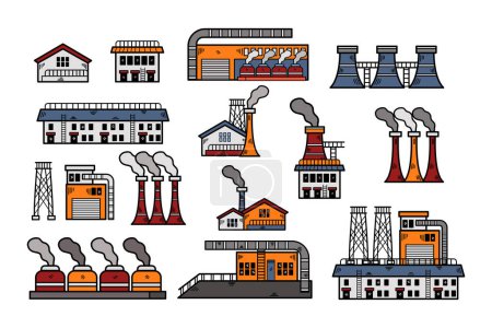 Ilustración de Un conjunto de edificios industriales con humo saliendo de ellos. Los edificios son de diferentes tamaños y formas - Imagen libre de derechos