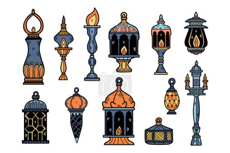 Illustration for A collection of lanterns and lamps with a variety of shapes and sizes. Scene is warm and inviting, with the lanterns and lamps providing a cozy atmosphere - Royalty Free Image