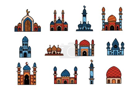 Illustration for A collection of buildings with arches and domes, some of which are mosques. The buildings are in various colors and sizes, and they are arranged in a grid pattern. Scene is one of diversity - Royalty Free Image