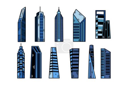 Ilustración de Un conjunto de edificios azules con diferentes formas y tamaños. Los edificios están dibujados en un estilo de dibujos animados y están dispuestos en una cuadrícula - Imagen libre de derechos