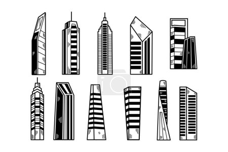 Illustration for A set of blue buildings with different shapes and sizes. The buildings are drawn in a cartoon style and are arranged in a grid - Royalty Free Image