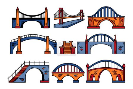 Ilustración de Un conjunto de nueve puentes de diferentes colores, incluyendo una pasarela, un puente colgante y un puente de cable - Imagen libre de derechos