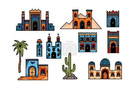 A collection of buildings with a desert in the background. The buildings are of different sizes and styles, with some featuring arches and domes