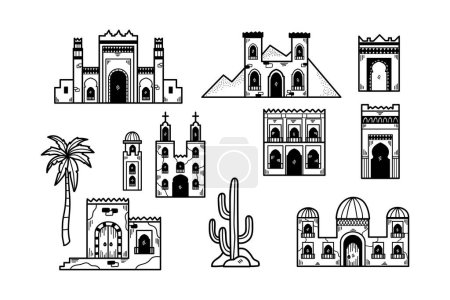 A collection of buildings with a desert in the background. The buildings are of different sizes and styles, with some featuring arches and domes