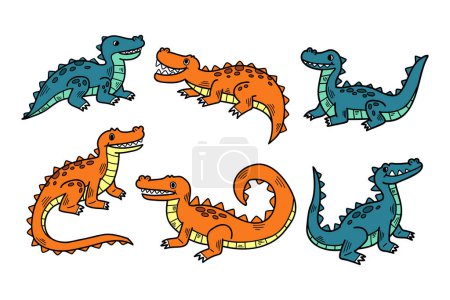Téléchargez les illustrations : Un ensemble de six crocodiles de dessin animé sont assis dans diverses poses. Le premier crocodile est assis sur ses pattes arrière, le second est assis sur son ventre, le troisième est assis sur ses pattes arrière - en licence libre de droit