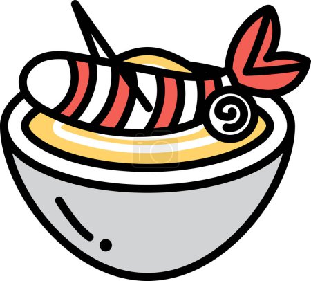 Ilustración de Un camarón frito está en un plato con un fondo blanco. El pez está rodeado de muchos puntos. - Imagen libre de derechos