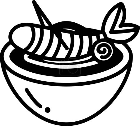 Téléchargez les illustrations : Une crevette frite est sur une assiette avec un fond blanc. Le poisson est entouré de beaucoup de points - en licence libre de droit