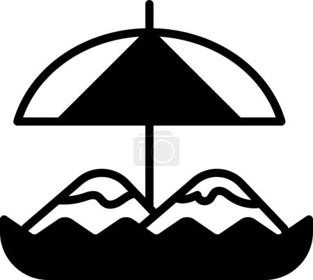 Téléchargez les illustrations : Un dessin noir et blanc d'une scène de plage avec un grand parapluie et deux montagnes en arrière-plan - en licence libre de droit