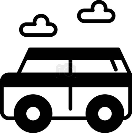 Illustration for A black and white drawing of a car with a cloudy sky in the background. The car is parked and has its windows down - Royalty Free Image