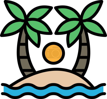 Ilustración de Un dibujo de una palmera con un sol en el cielo. La palmera está en una playa con el océano al fondo. El dibujo tiene un ambiente relajado y pacífico - Imagen libre de derechos