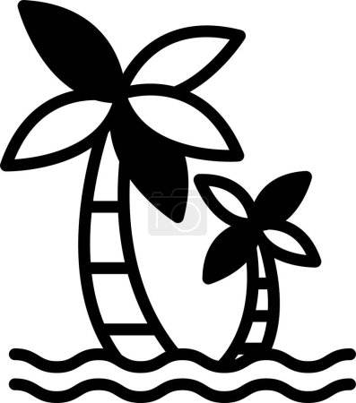 Téléchargez les illustrations : Dessin noir et blanc d'un palmier avec un petit palmier à côté. Concept de détente et de tranquillité, comme si le spectateur se trouvait sur une île tropicale entourée de palmiers et d'eau - en licence libre de droit