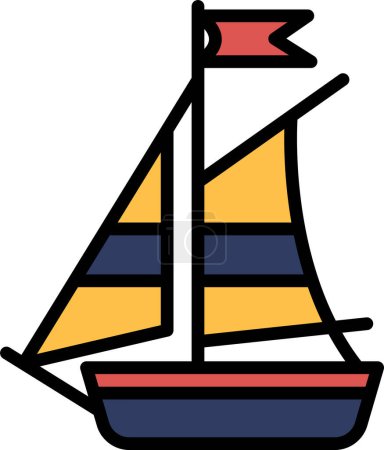 Téléchargez les illustrations : Un dessin noir et blanc d'un voilier. Le bateau est petit et a un drapeau sur le dessus. Le bateau est positionné au centre de l'image - en licence libre de droit