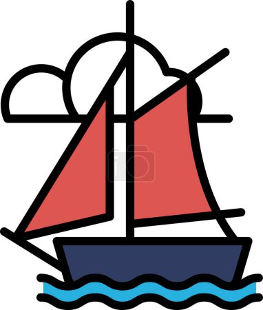 Téléchargez les illustrations : Un dessin noir et blanc d'un voilier. Le bateau est petit et a un drapeau sur le dessus. Le bateau est positionné au centre de l'image - en licence libre de droit
