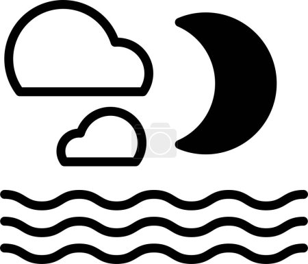 Téléchargez les illustrations : Un dessin noir et blanc d'un ciel nocturne avec une grande lune et des nuages. La lune est positionnée au-dessus de l'eau, et les nuages sont dispersés dans le ciel - en licence libre de droit