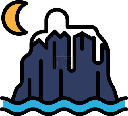 Ilustración de Un dibujo en blanco y negro de una montaña con un gran cuerpo de agua frente a ella. El agua está agitada y la montaña está cubierta de hielo - Imagen libre de derechos