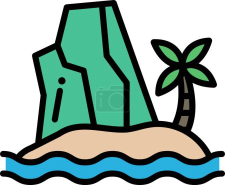 Ilustración de Un dibujo de dibujos animados de una playa con una palmera y una roca. El agua es azul y el cielo es blanco - Imagen libre de derechos