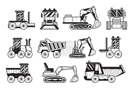 Illustration for A collection of black and white drawings of construction vehicles. The vehicles include a bulldozer, a dump truck, a crane, and a forklift. The drawings are stylized and convey a sense of nostalgia - Royalty Free Image