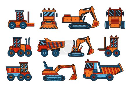 Ilustración de Una colección de dibujos en blanco y negro de vehículos de construcción. Los vehículos incluyen una excavadora, un camión volquete, una grúa y una carretilla elevadora. Los dibujos son estilizados y transmiten un sentido de nostalgia - Imagen libre de derechos