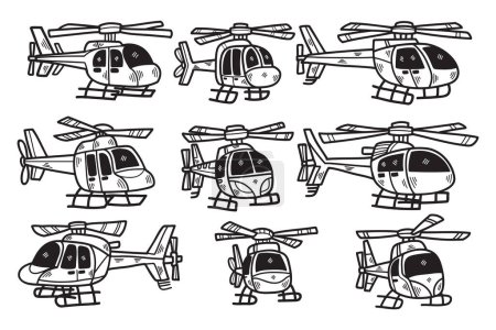 Téléchargez les illustrations : Une série de dessins animés d'hélicoptères sont présentés dans une rangée. Les conceptions varient en taille et en forme, mais toutes ont la même structure de base. La scène est ludique et fantaisiste - en licence libre de droit