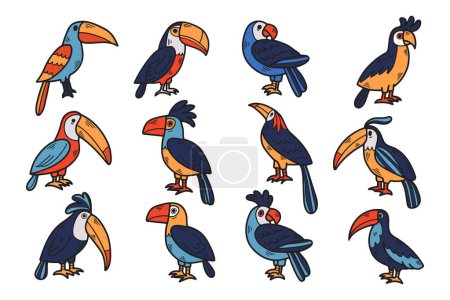 Téléchargez les illustrations : Un ensemble de douze oiseaux de différentes couleurs et tailles. Les oiseaux sont tous noirs et blancs. Les oiseaux sont disposés en rangée, certains d'entre eux se chevauchant - en licence libre de droit