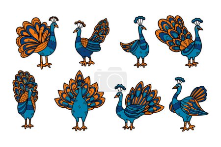 Illustration for A set of black and white drawings of peacocks. The drawings are all different sizes and orientations, but they all have the same basic shape and features - Royalty Free Image