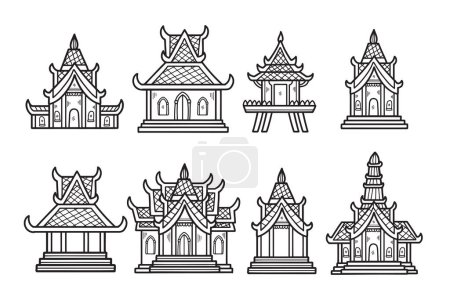 Téléchargez les illustrations : L'image est un ensemble de neuf bâtiments différents avec des dessins asiatiques. Les bâtiments sont alignés les uns à côté des autres, et ils ont tous un style similaire - en licence libre de droit