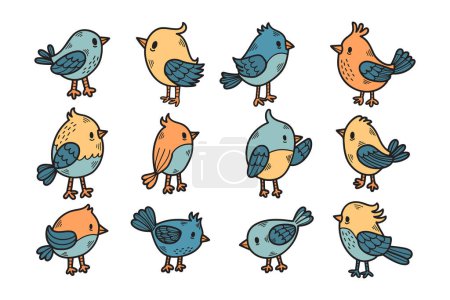 Illustration for A set of twelve birds with their wings spread out. The birds are all different sizes and are standing in various positions. The image has a playful and whimsical feel to it - Royalty Free Image