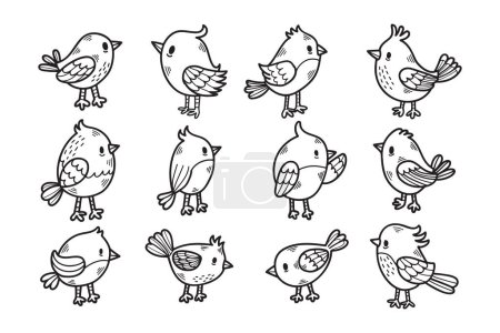 Ilustración de Un conjunto de doce aves con sus alas extendidas. Las aves son de diferentes tamaños y están de pie en varias posiciones. La imagen tiene una sensación juguetona y caprichosa. - Imagen libre de derechos