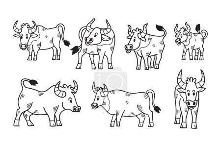Illustration for A set of black and white drawings of cows. The cows are all different sizes and have different facial features - Royalty Free Image