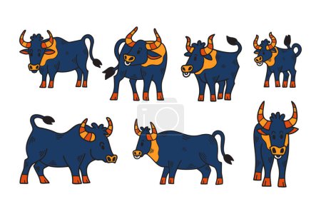 Téléchargez les illustrations : Un ensemble de dessins en noir et blanc de vaches. Les vaches sont toutes de tailles différentes et ont des caractéristiques faciales différentes - en licence libre de droit