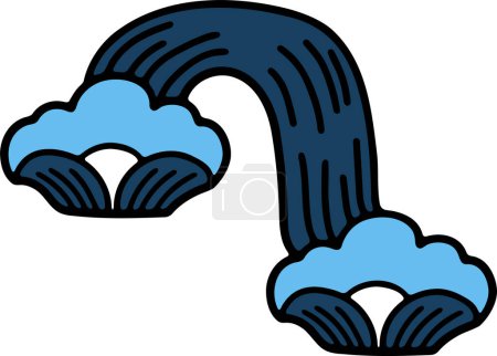 Ilustración de Un dibujo azul y blanco de una cascada con nubes en el fondo. El dibujo es de estilo caricaturesco y tiene una sensación caprichosa y juguetona. - Imagen libre de derechos