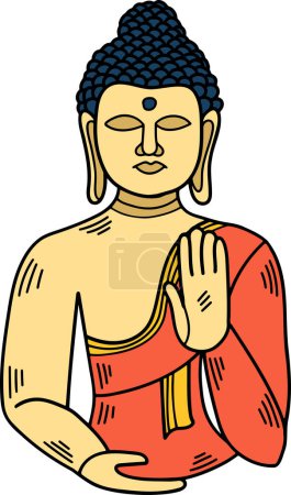 Eine Zeichnung einer Buddha-Statue mit einer Hand auf der Brust. Die Statue ist in einer Pose von Frieden und Gelassenheit