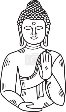 A drawing of a Buddha statue with a hand on its chest. The statue is in a pose of peace and serenity