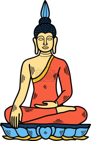 Illustration for A white drawing of a Buddha statue sitting on a lotus flower. The statue is depicted in a peaceful and serene pose, with its hands resting on its lap. The lotus flower adds a sense of tranquility - Royalty Free Image