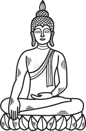 Téléchargez les illustrations : Dessin blanc d'une statue de Bouddha assise sur une fleur de lotus. La statue est représentée dans une pose paisible et sereine, les mains sur les genoux. La fleur de lotus ajoute un sentiment de tranquillité - en licence libre de droit